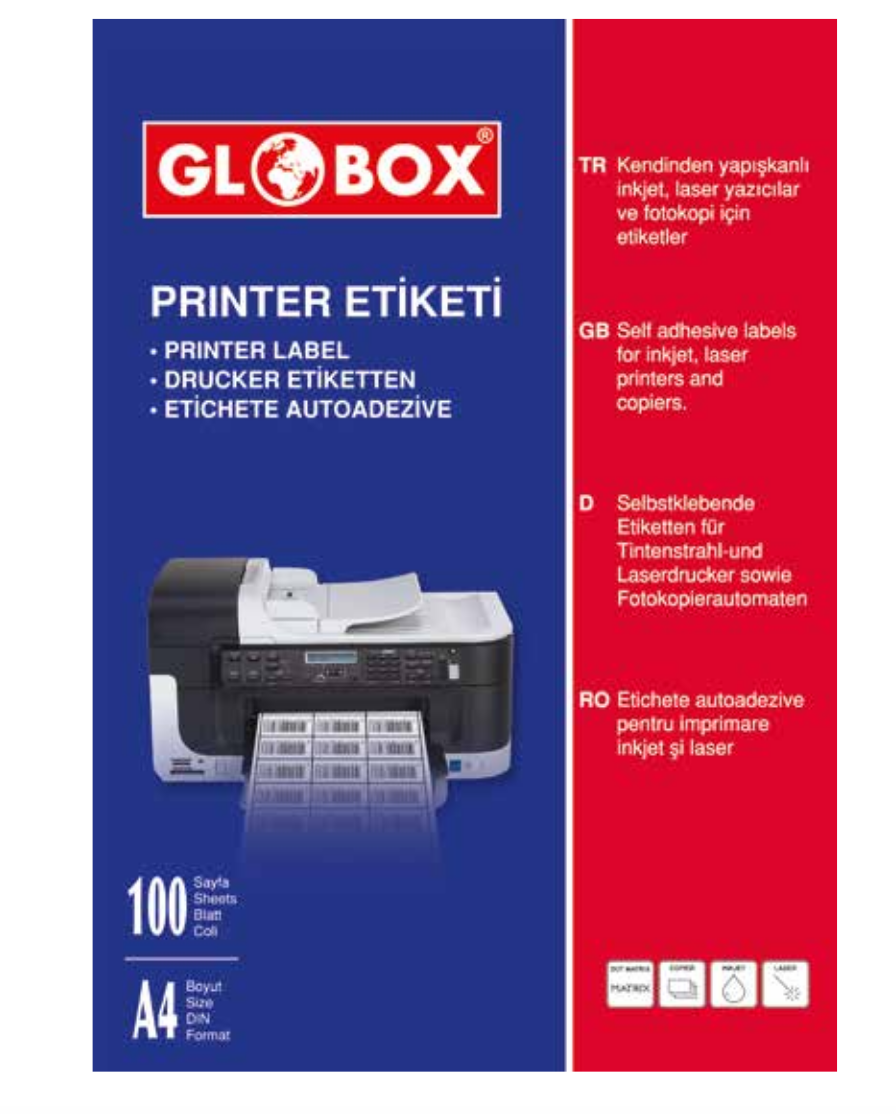 Étiquettes adhésives GLOBOX 100 planches A4 (210 x 297mm) -   Votre fourniture à prix d'usine